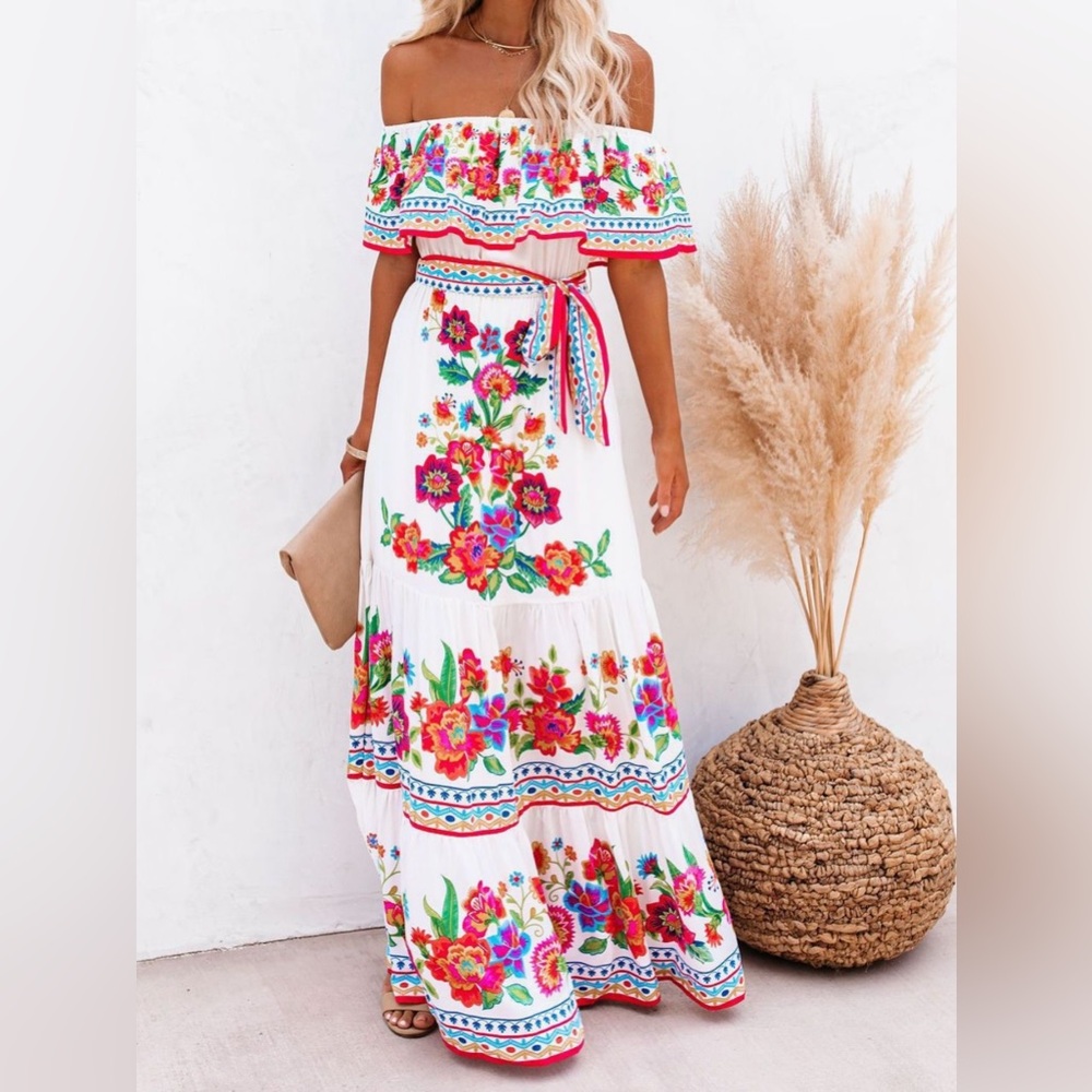 Natural Breeze Floral Off Shoulder Ruffle Maxi Dress S-2XL - Picture 2 of 8